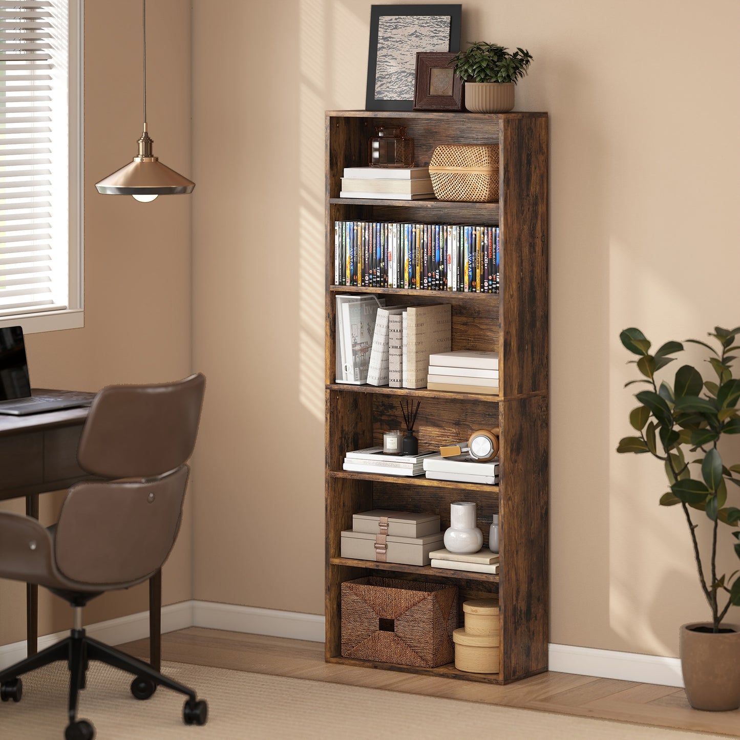 6 Tier Bookshelf, Freestanding Bookcase with Adjustable Shelves, Brown