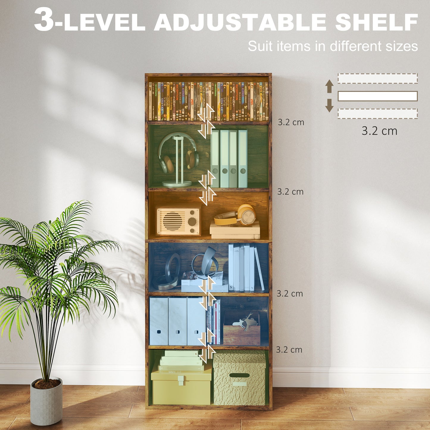 6 Tier Bookshelf, Freestanding Bookcase with Adjustable Shelves, Brown