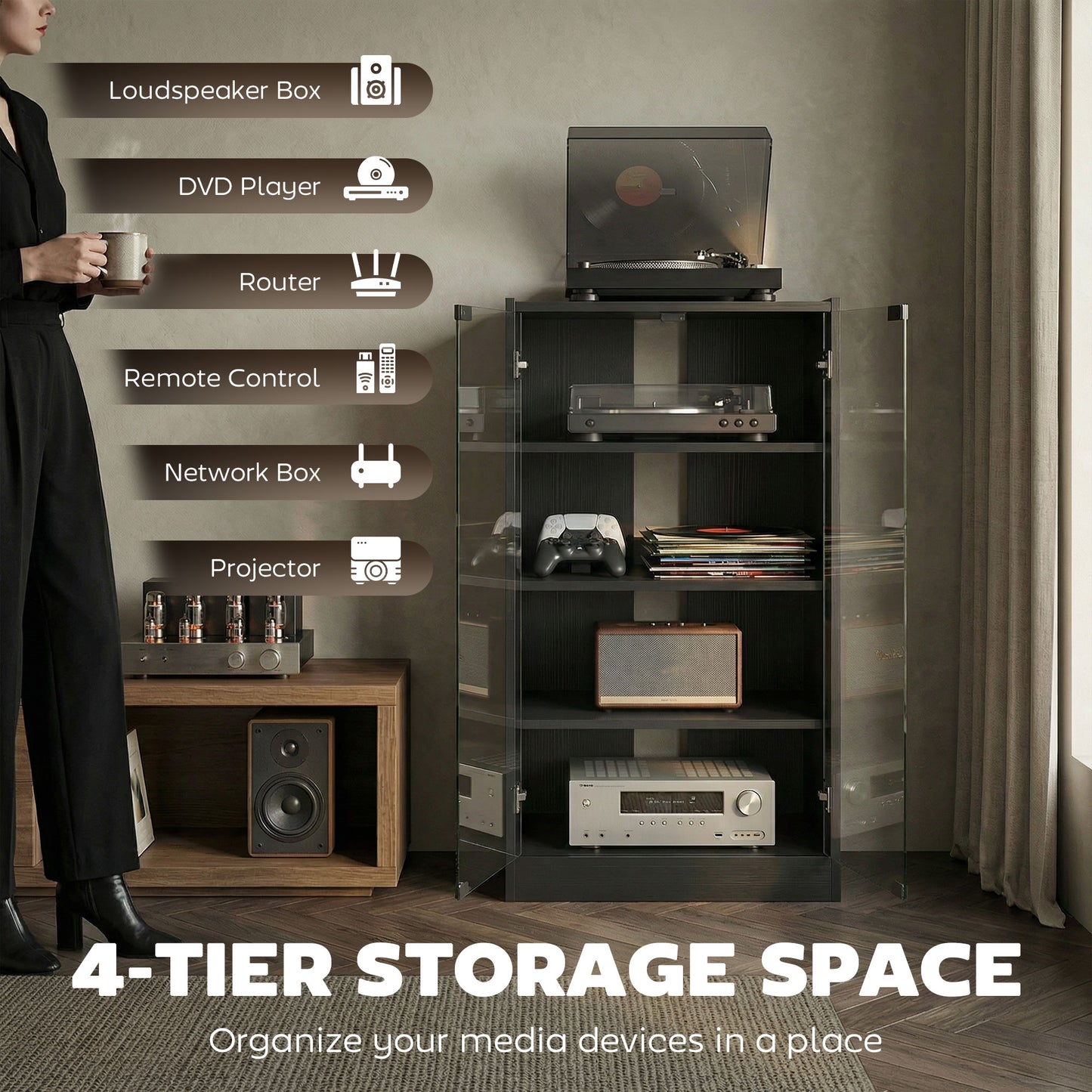4-Tier Hi-Fi Stand with Adjustable Shelves, Black Wood-Effect