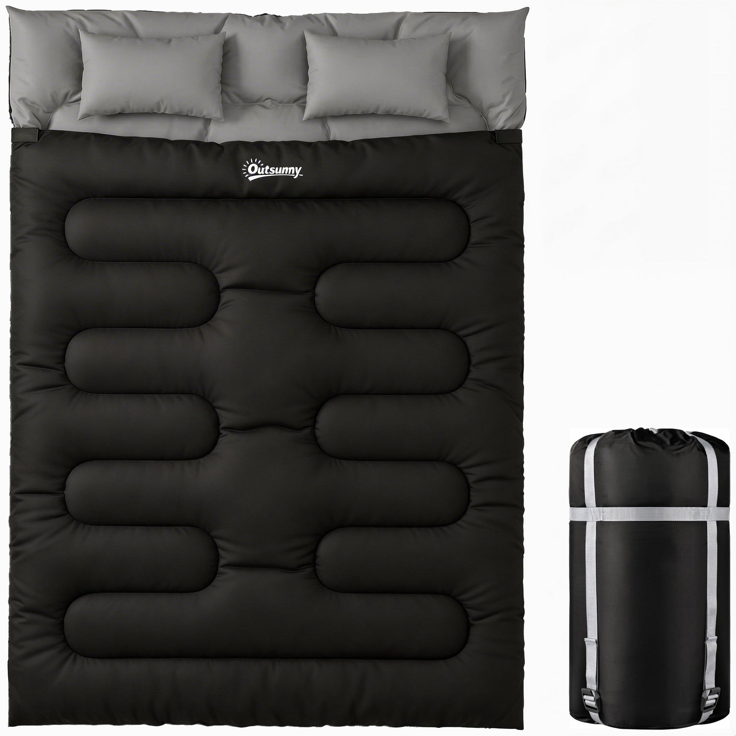 Double Sleeping Bag with 2 Pillows, 220 x 160cm Sleeping Bag Black