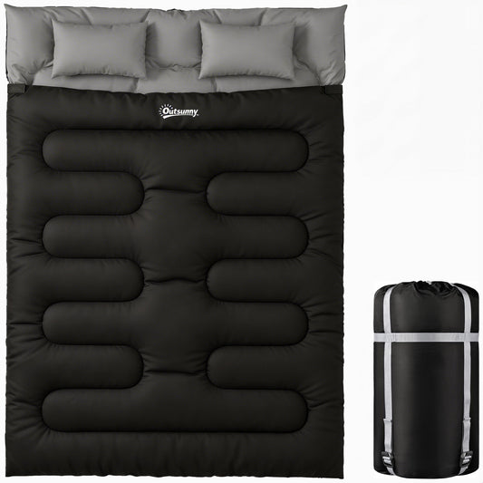 Double Sleeping Bag with 2 Pillows, 220 x 160cm Sleeping Bag Black
