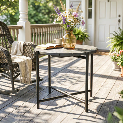 54 cm Round Garden Table, Slatted Wood Top Outdoor Table, Dark Grey