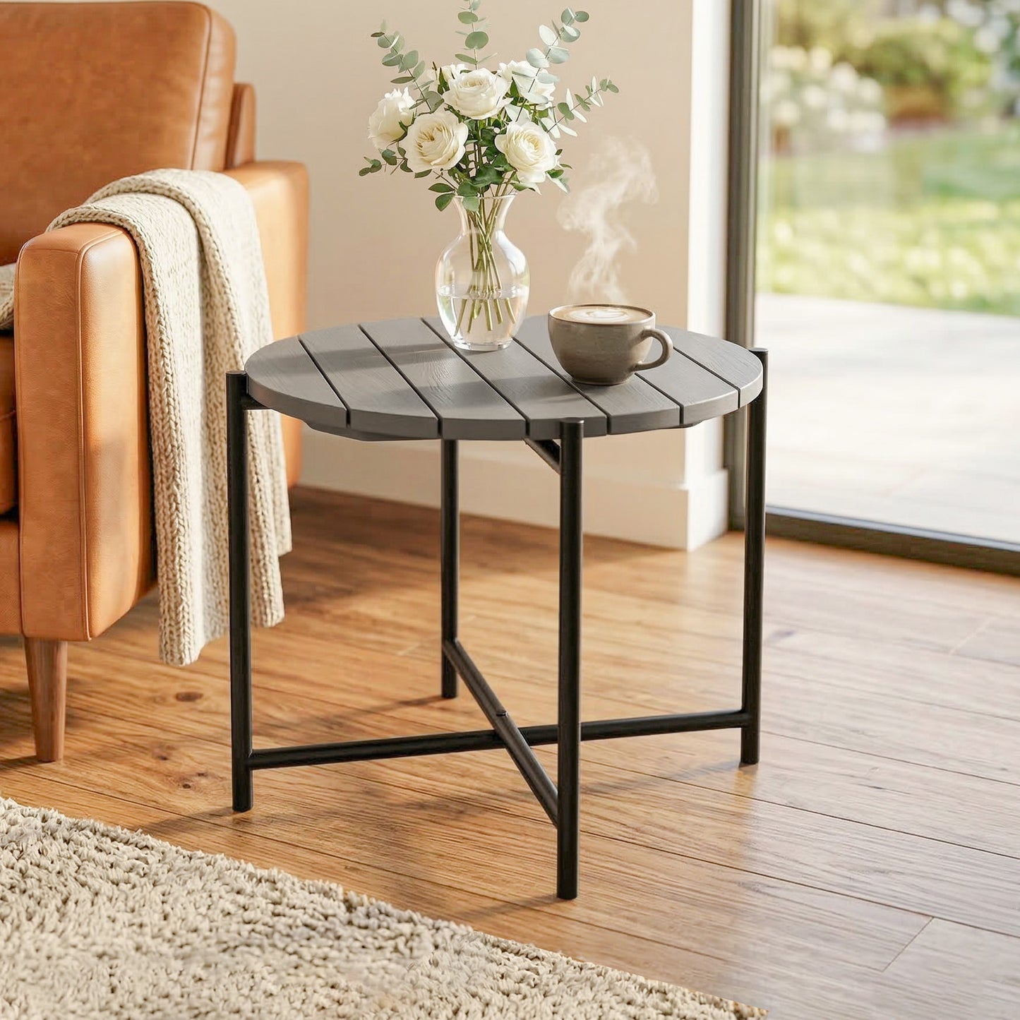 54 cm Round Garden Table, Slatted Wood Top Outdoor Table, Dark Grey