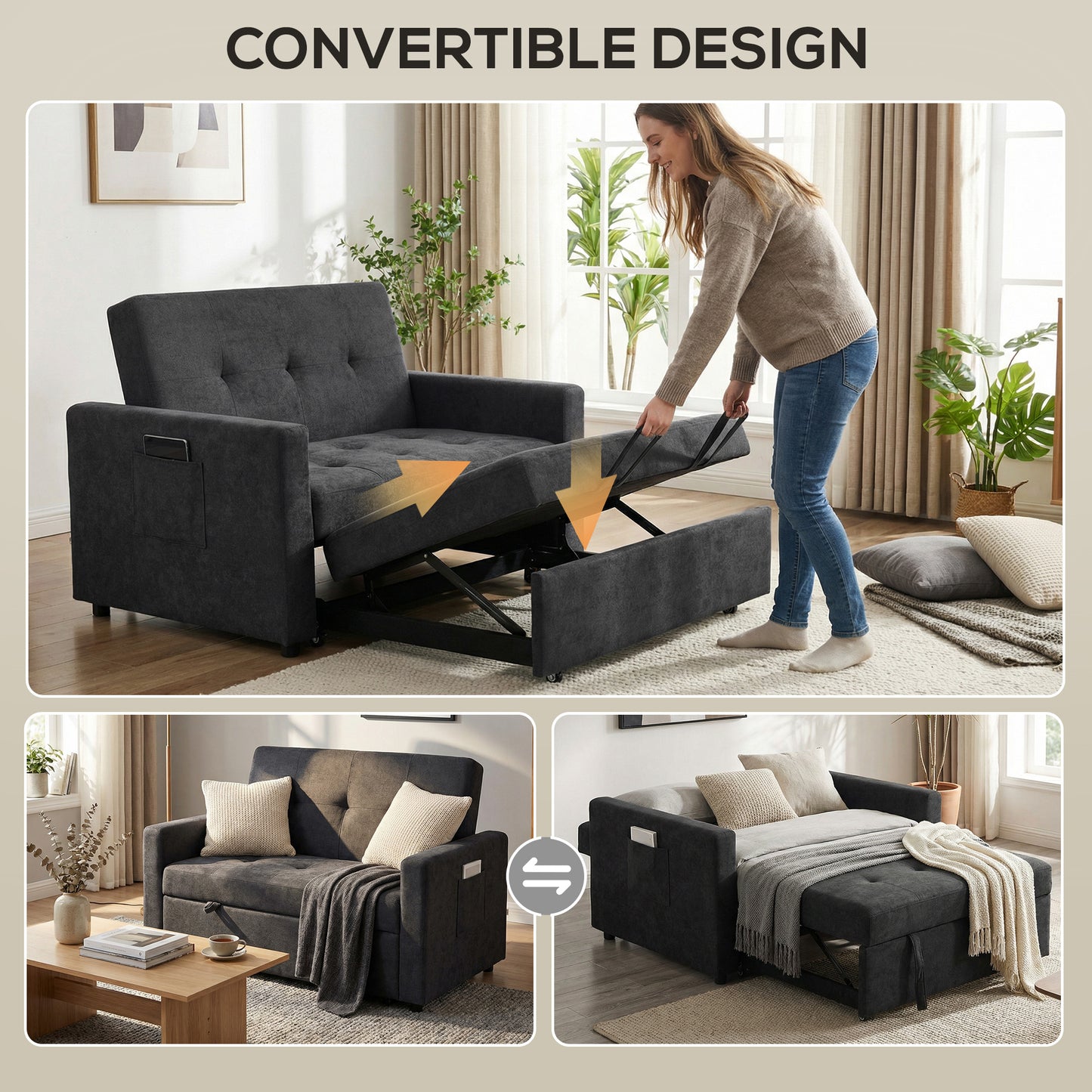 2 Seater Sofa Bed Convertible Bed Settee with Pillows, Black