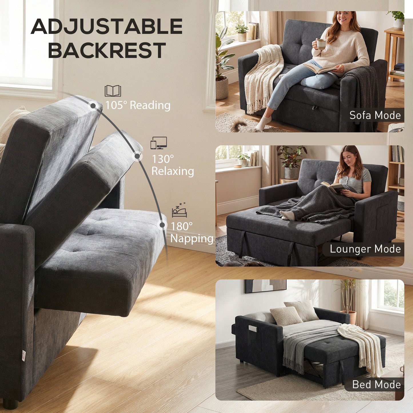 2 Seater Sofa Bed Convertible Bed Settee with Pillows, Black