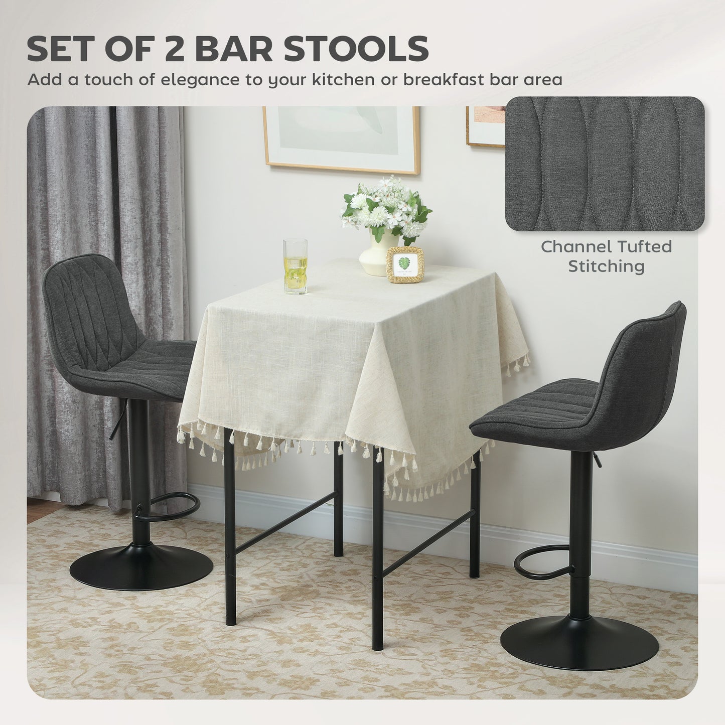Bar Stools Set of 2, Modern Armless Bar Chairs, Charcoal Grey