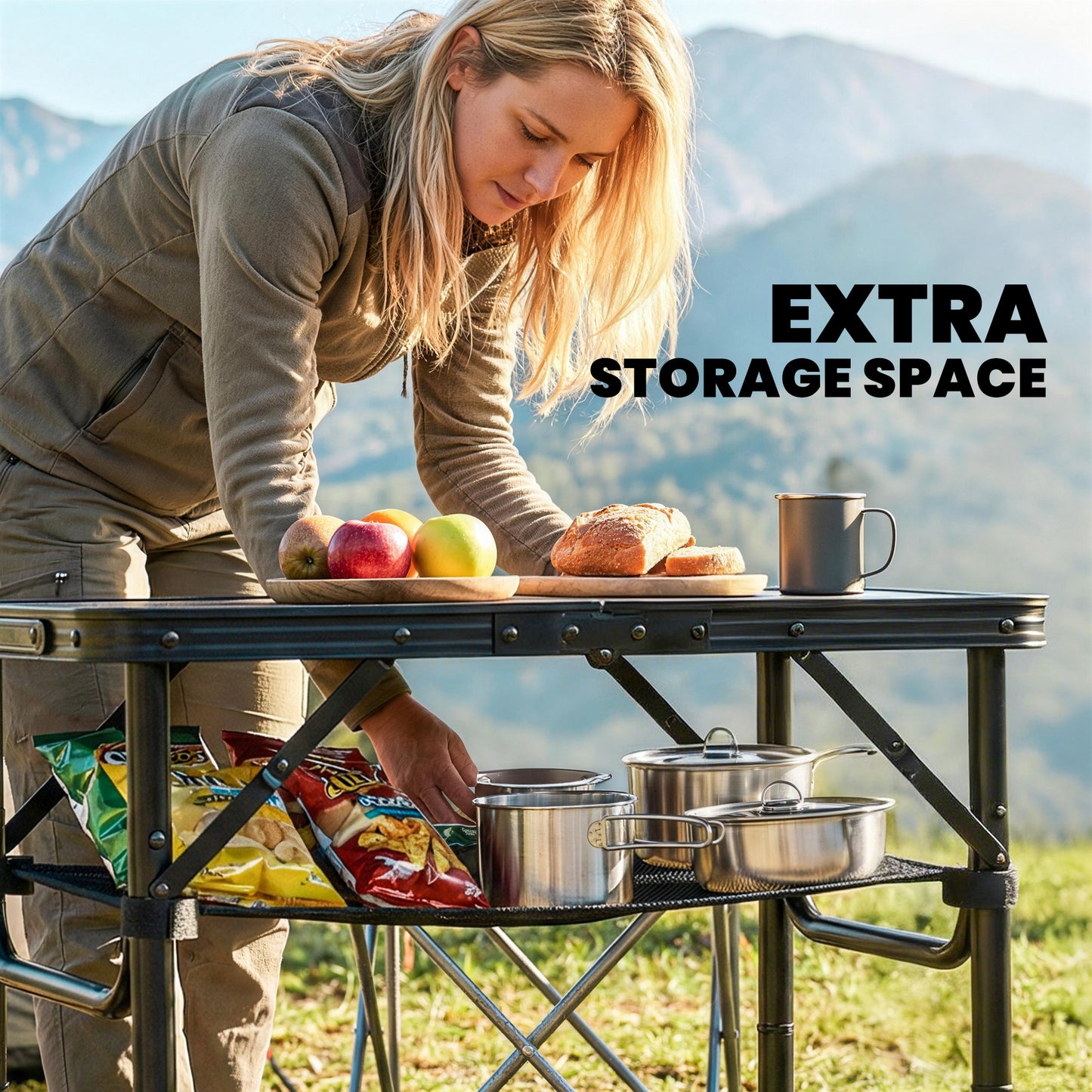 2ft Folding Camping Table, Picnic Table with Storage Layer, Black