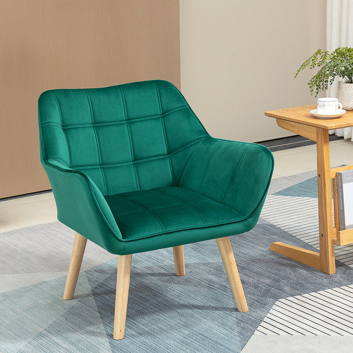 Accent Chair, Arm Chair with Wide Arms, Slanted Back, Thick Padding and Rubber Wooden Legs for Living Room, Green