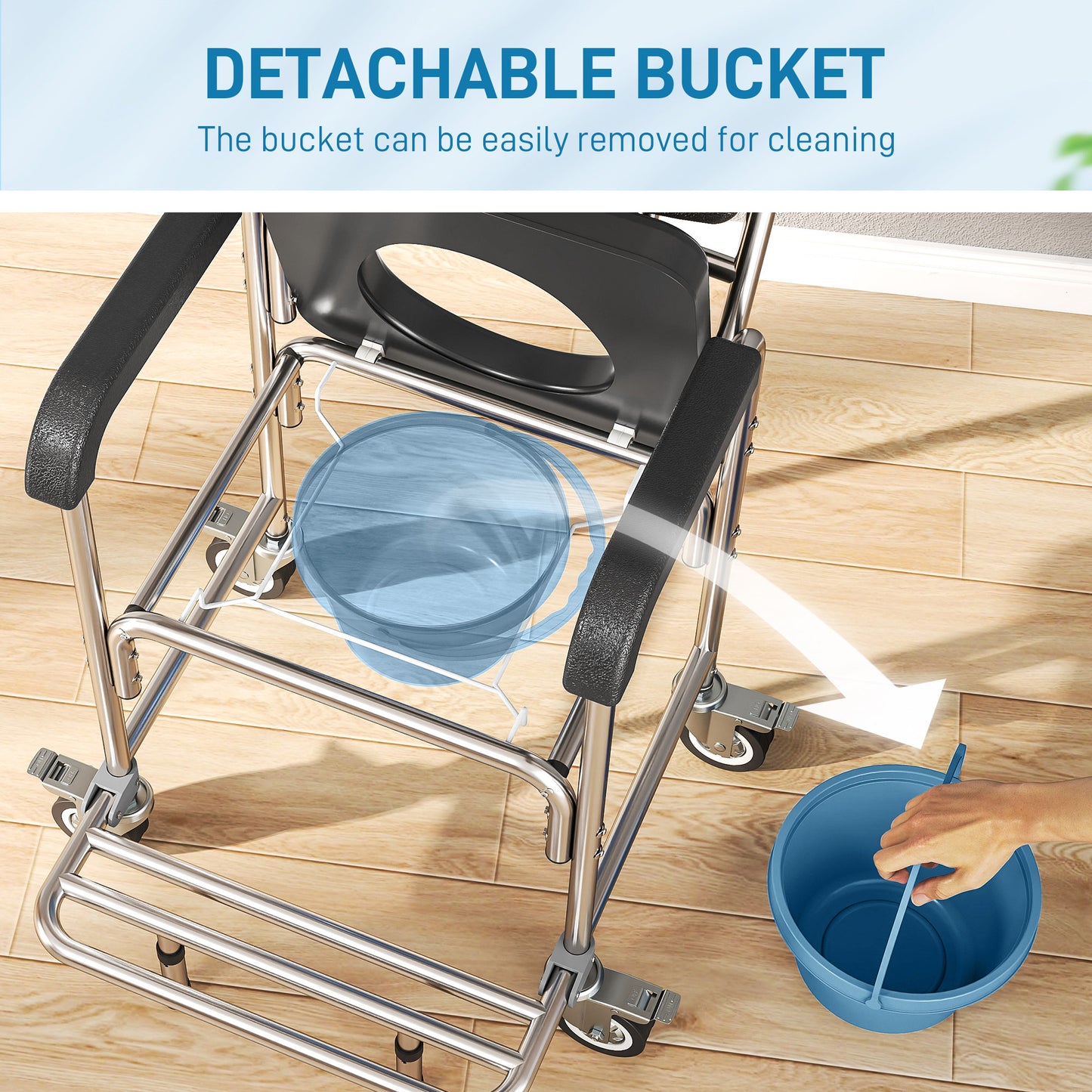 3-in-1 Commode Chair with Wheels, Transport Beside Shower Chair, Waterproof Rolling Shower Commode Wheelchair with Padded Seat for Disabled and Elderly People, Black