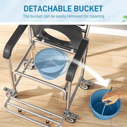 3-in-1 Commode Chair with Wheels, Transport Beside Shower Chair, Waterproof Rolling Shower Commode Wheelchair with Padded Seat for Disabled and Elderly People, Black