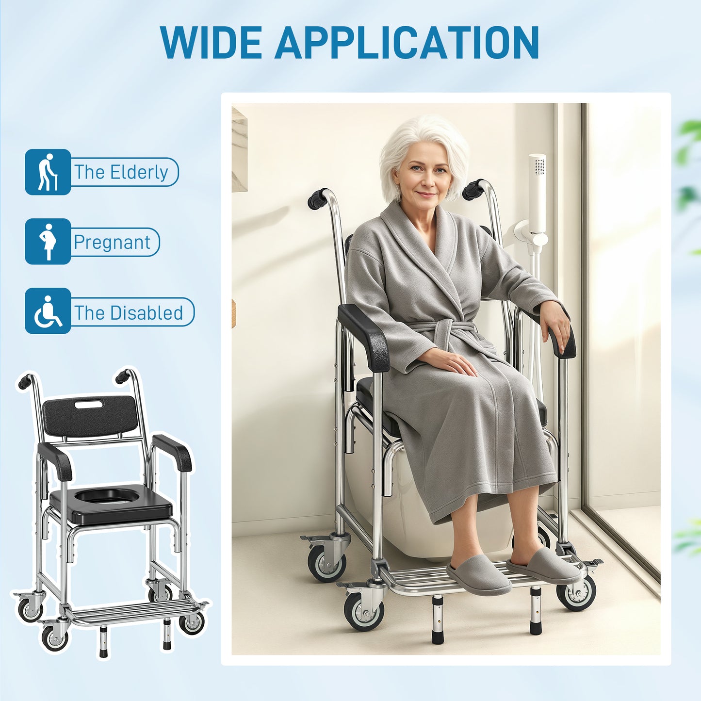 3-in-1 Commode Chair with Wheels, Transport Beside Shower Chair, Waterproof Rolling Shower Commode Wheelchair with Padded Seat for Disabled and Elderly People, Black