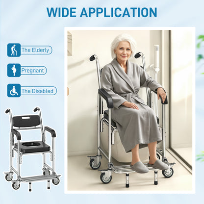 3-in-1 Commode Chair with Wheels, Transport Beside Shower Chair, Waterproof Rolling Shower Commode Wheelchair with Padded Seat for Disabled and Elderly People, Black
