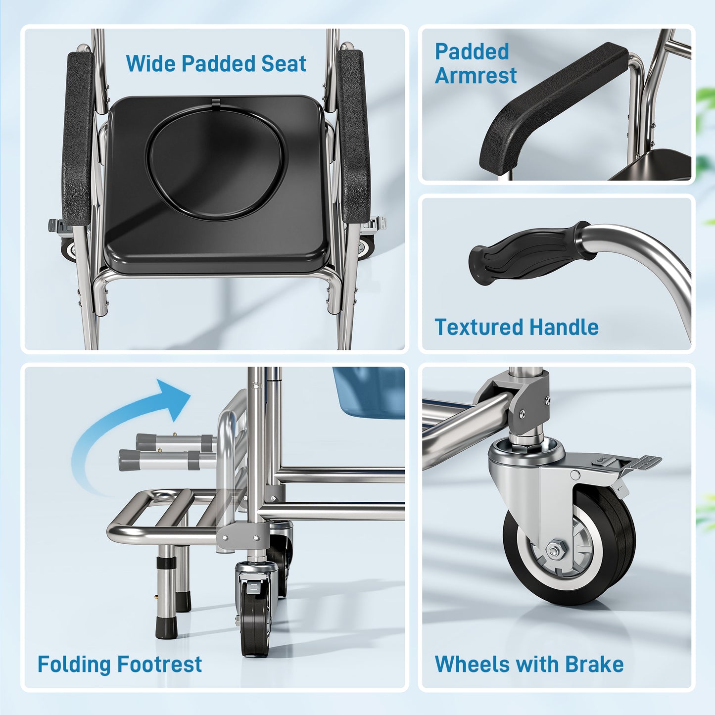 3-in-1 Commode Chair with Wheels, Transport Beside Shower Chair, Waterproof Rolling Shower Commode Wheelchair with Padded Seat for Disabled and Elderly People, Black