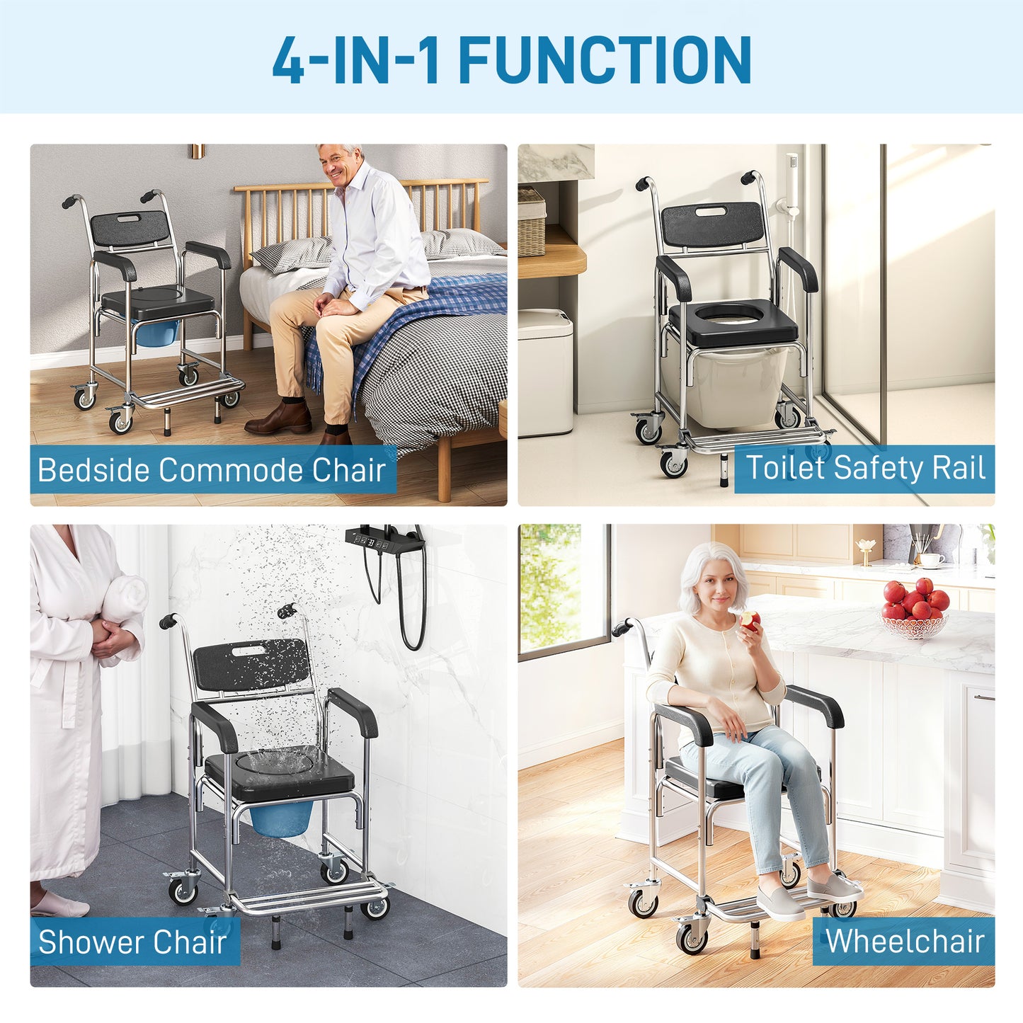 3-in-1 Commode Chair with Wheels, Transport Beside Shower Chair, Waterproof Rolling Shower Commode Wheelchair with Padded Seat for Disabled and Elderly People, Black