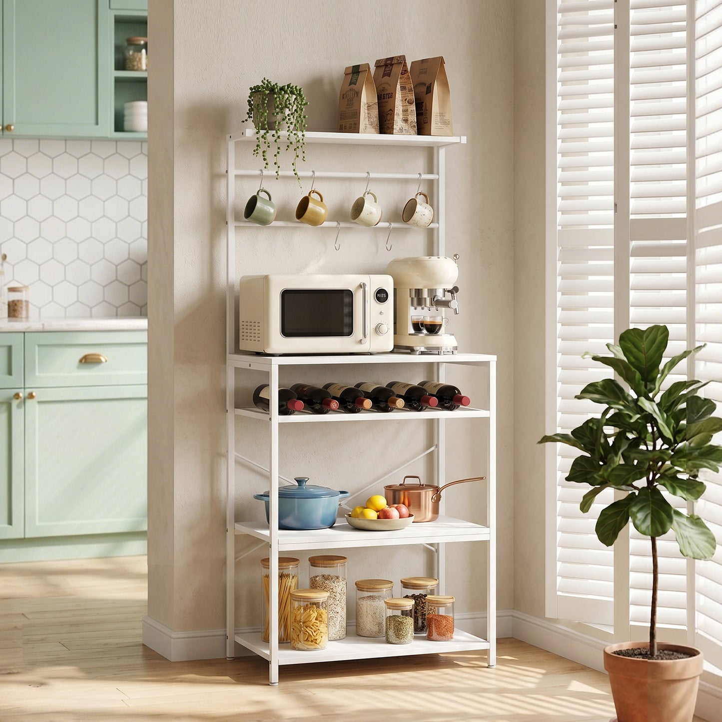 Freestanding Shelving Unit with 6 Hooks and Wine Rack, White