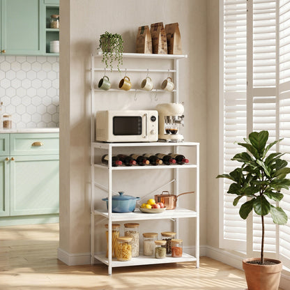 Freestanding Shelving Unit with 6 Hooks and Wine Rack, White