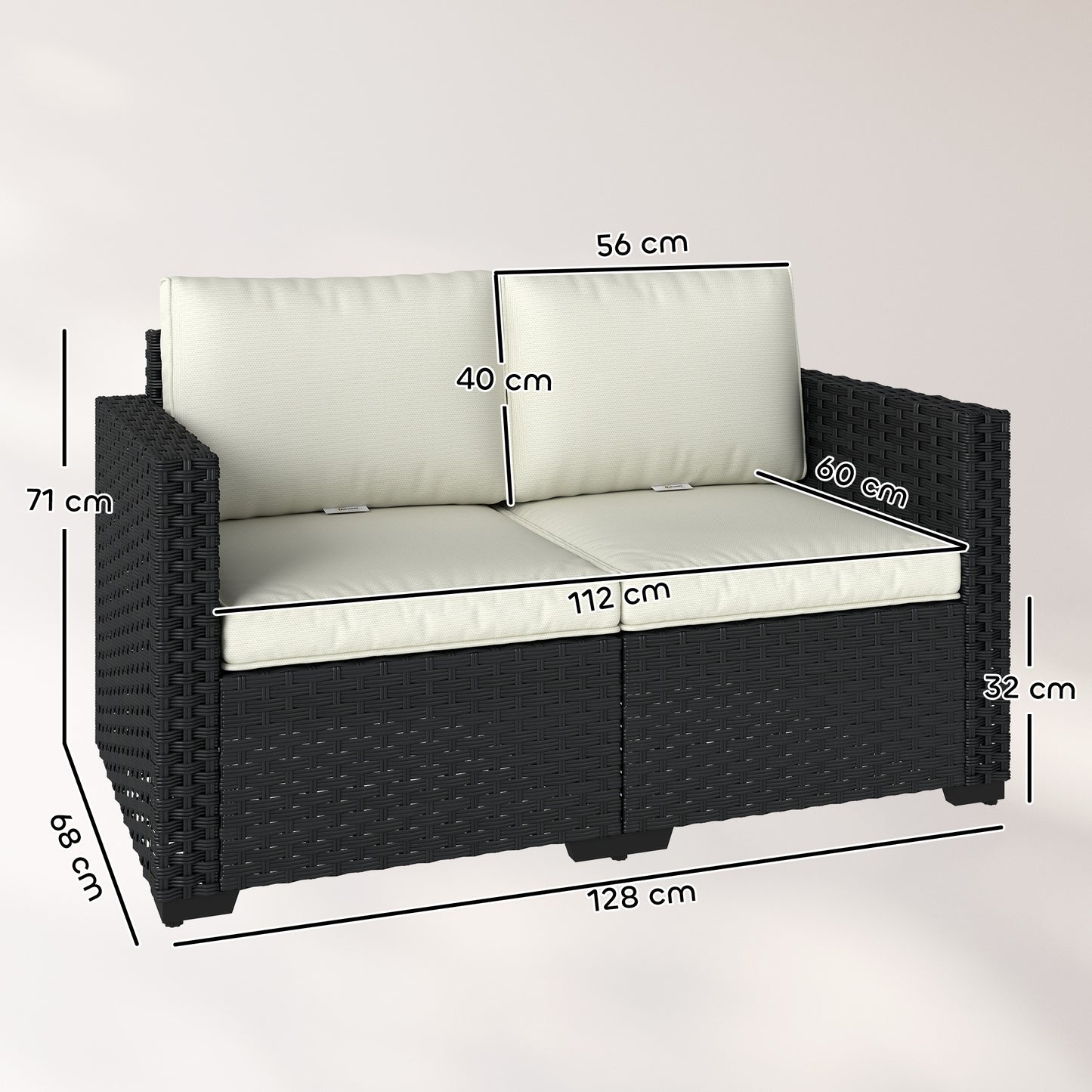 2 Seater Rattan Garden Sofa with Deep Seat, Wide Arms, Black