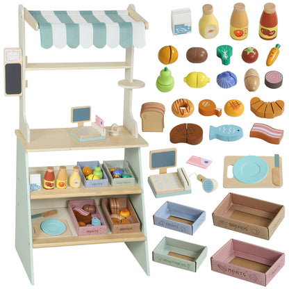 Wooden Toy Shop, Supermarket Role Play with 34 Accessories, Green