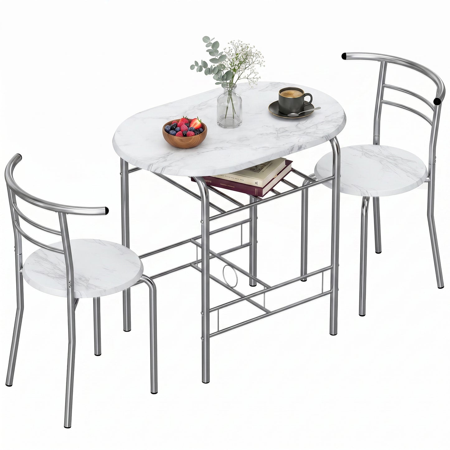 Dining Table and Chairs Set 3, Breakfast Bar Table and 2 Chairs with Storage Shelf, Marble-Effect Tabletop, Metal Frame, Dining Room Set for Living Room, Small Space, White