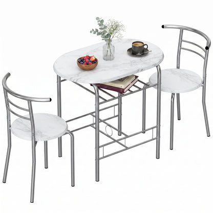 Dining Table and Chairs Set 3, Breakfast Bar Table and 2 Chairs with Storage Shelf, Marble-Effect Tabletop, Metal Frame, Dining Room Set for Living Room, Small Space, White