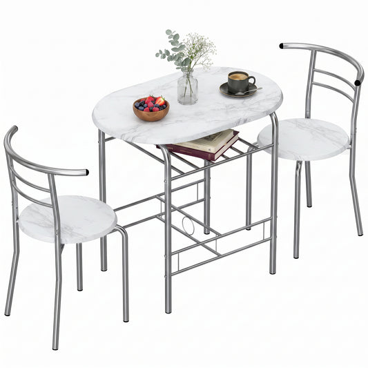 Dining Table and Chairs Set 3, Breakfast Bar Table and 2 Chairs with Storage Shelf, Marble-Effect Tabletop, Metal Frame, Dining Room Set for Living Room, Small Space, White