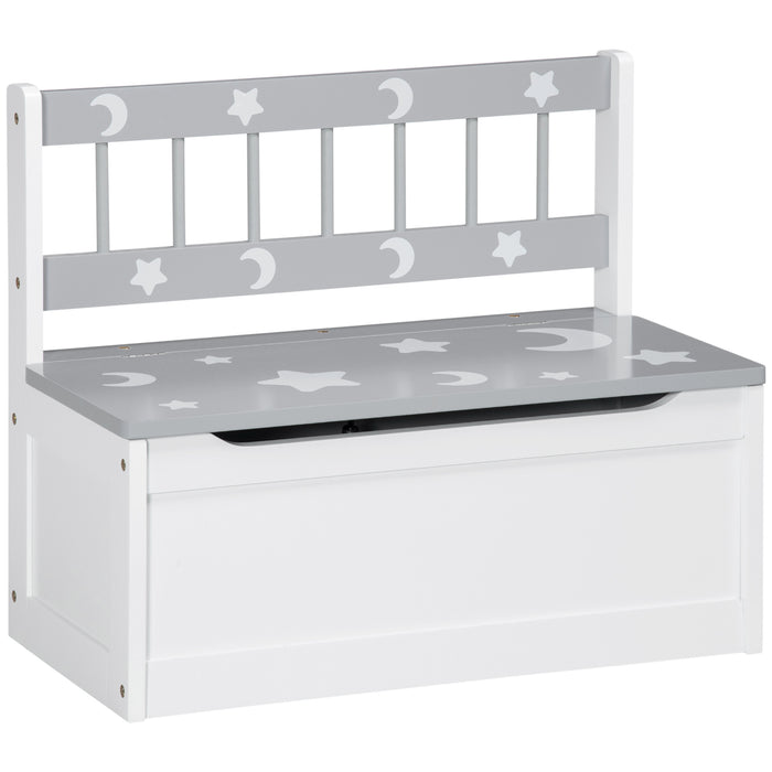 ZONEKIZ 2-IN-1 Wooden Toy Box, Kids Storage Bench Toy Chest with Safety Pneumatic Rod, Star & Moon Pattern, Grey