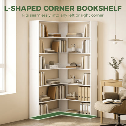 7 Tiers Corner Bookshelf, L-Shaped Bookcase with Anti-Slip Rear Guard, Storage Shelves for Living Room, Bedroom and Home Office, 90W x 90D x 180H cm, White Wood Effect