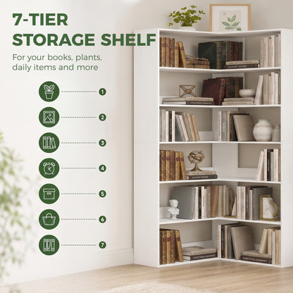 7 Tiers Corner Bookshelf, L-Shaped Bookcase with Anti-Slip Rear Guard, Storage Shelves for Living Room, Bedroom and Home Office, 90W x 90D x 180H cm, White Wood Effect
