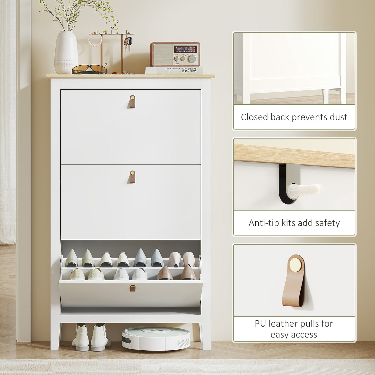 3 Drawer Shoe Cabinet with Flip Doors for Hallway, Entryway, White