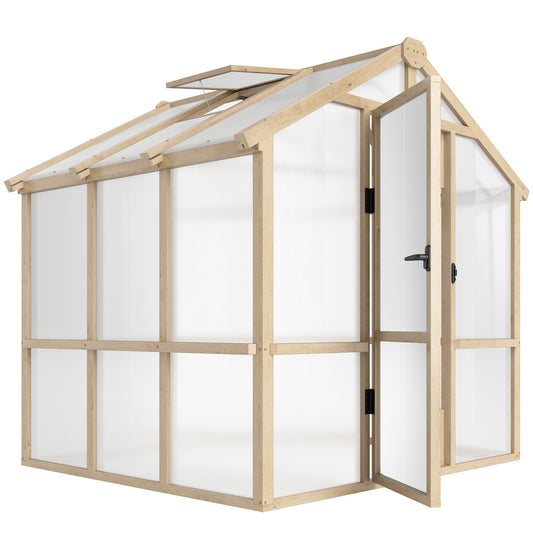 6.6 x 6ft Wooden Polycarbonate Greenhouse with Lockable Door, Brown
