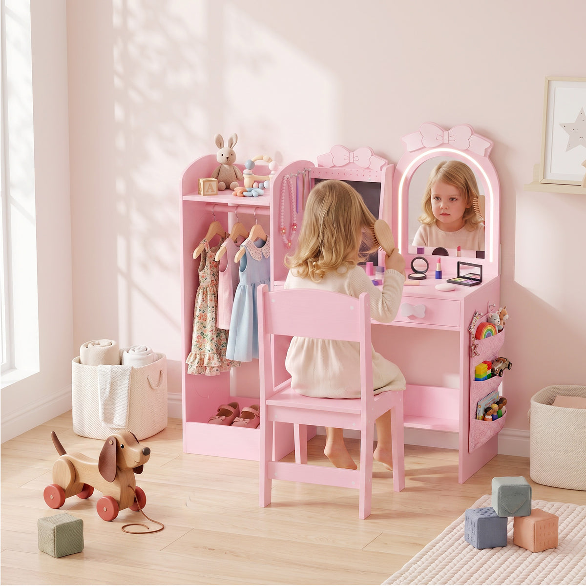 Kids Dressing Table with Stool, 2-Colour Lights Mirror, Pink