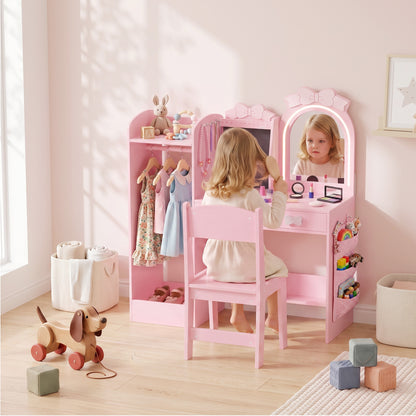 Kids Dressing Table with Stool, 2-Colour Lights Mirror, Pink