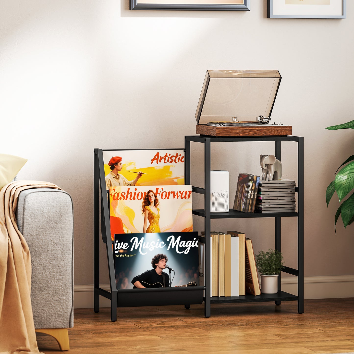 Record Player Stand, 3-Tier Side Table with Vinyl Record Storage