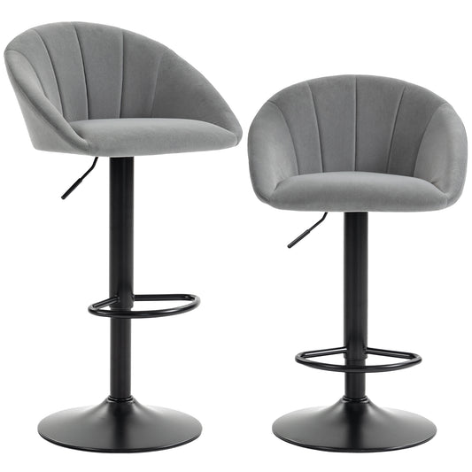 Bar Stools Set of 2 Velvet Adjustable Swivel Light Grey