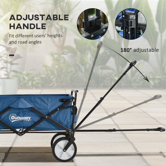 Pull Along Cart Folding Cargo Wagon Trailer Trolley for Beach Garden Use with Telescopic Handle - Blue