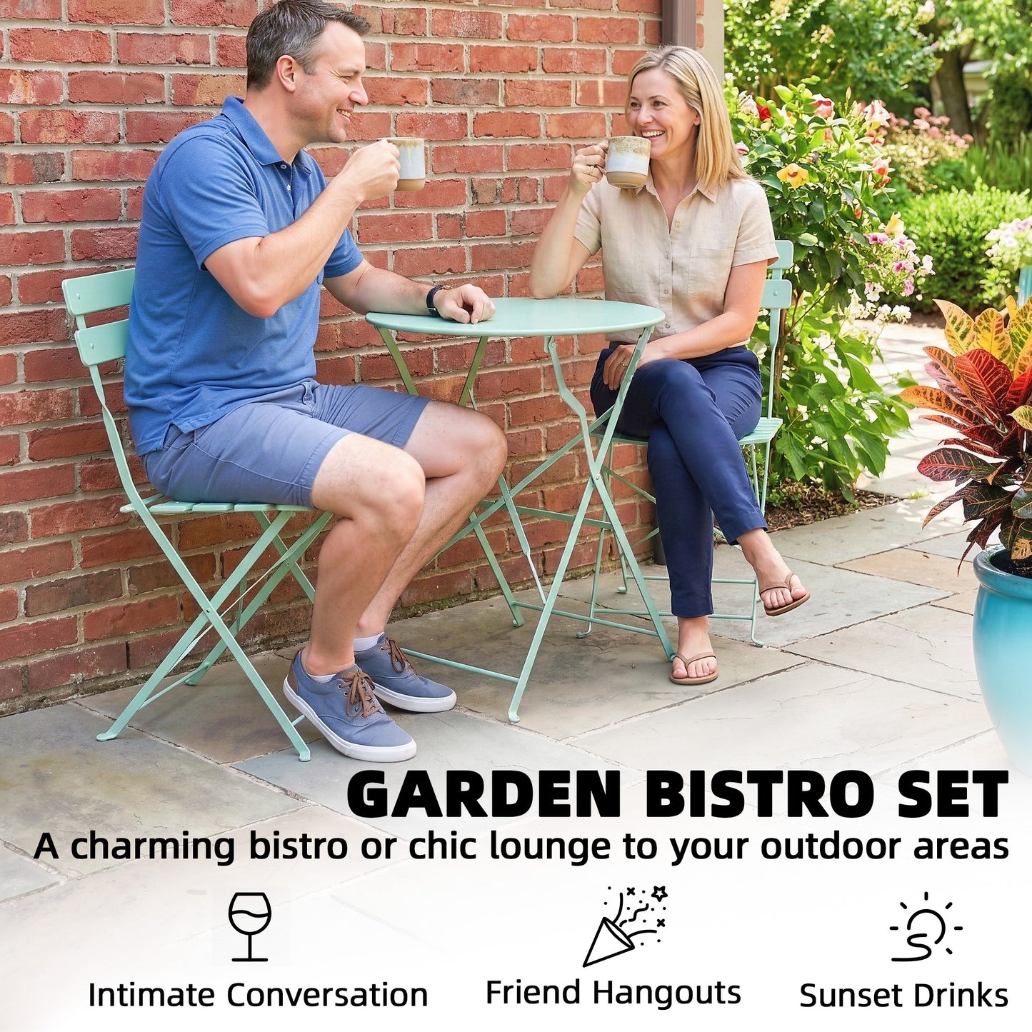 Folding Bistro Set with Round Garden Table and Chairs, Light Green