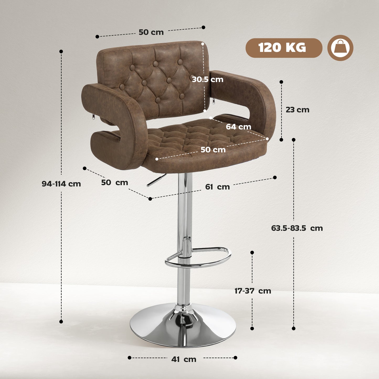 Adjustable Height Barstool Steel Pole PU Leather, Coffee