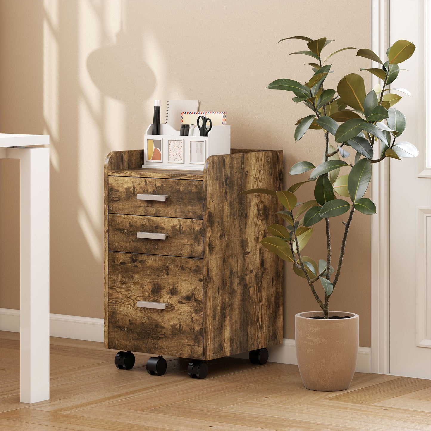 Mobile Filing Cabinet, File Cabinet with 3 Drawers, Rustic Brown