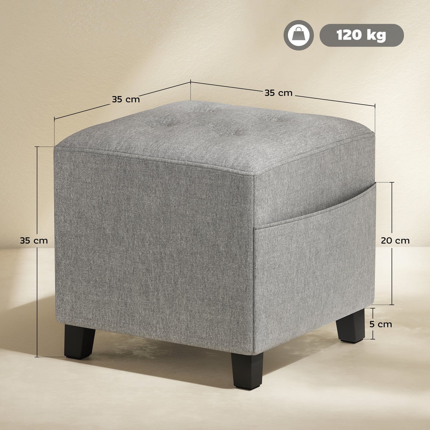 Small Footstool Square Ottoman with Padded Seat, Light Grey