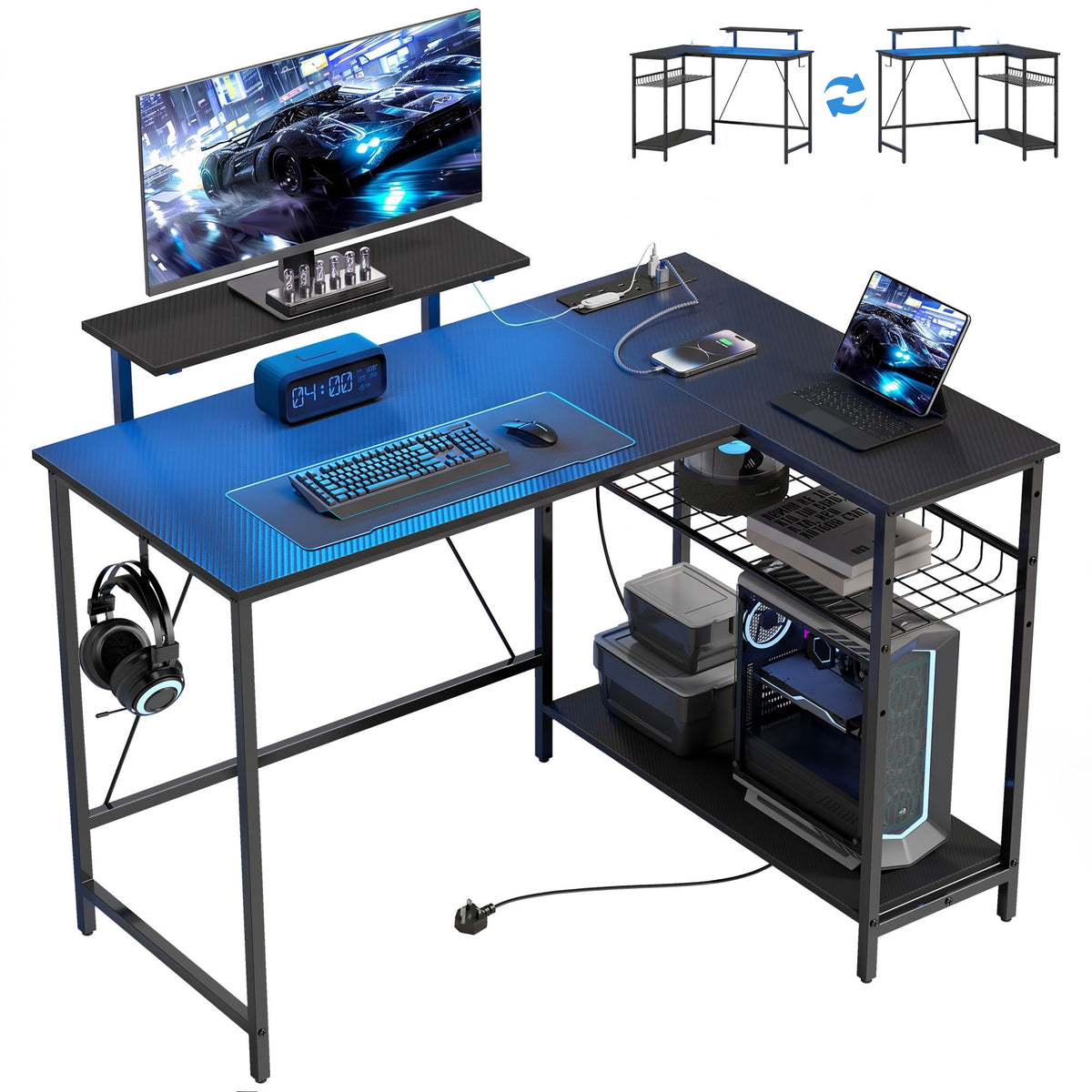 Reversible L-Shaped Gaming Desk with LED Lights and USB Power Strip - Black