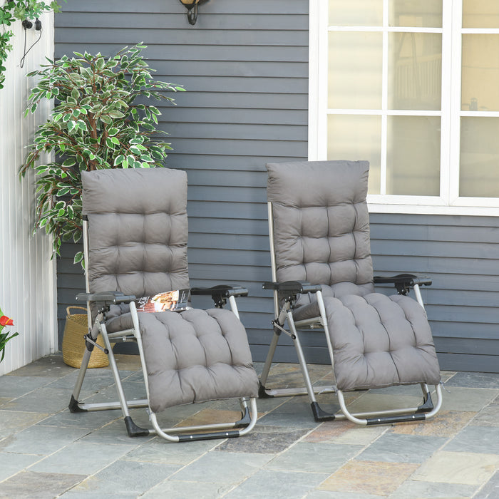 2 Piece Reclining Zero Gravity Chair Folding Garden Sun Lounger with Cushion Headrest Grey