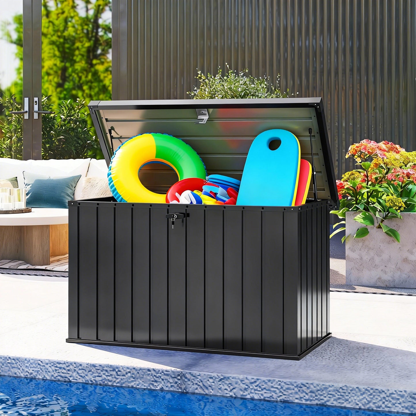 400L Garden Storage Box, Waterproof Metal Storage Container with Lockable Lid, Outdoor Deck Box for Patio, Porch, Balcony, 124 x 66 x 72 cm, Black