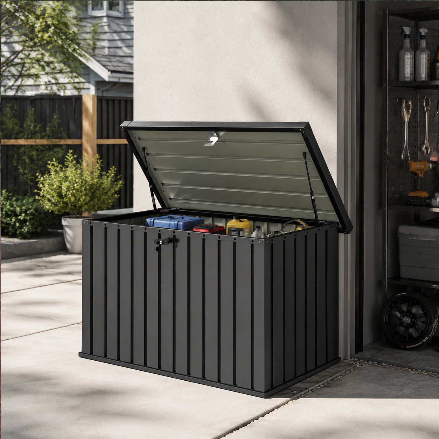 400L Garden Storage Box, Waterproof Metal Storage Container with Lockable Lid, Outdoor Deck Box for Patio, Porch, Balcony, 124 x 66 x 72 cm, Black