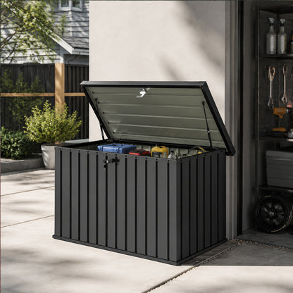 400L Garden Storage Box, Waterproof Metal Storage Container with Lockable Lid, Outdoor Deck Box for Patio, Porch, Balcony, 124 x 66 x 72 cm, Black
