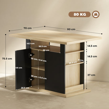 Kitchen Island with Storage Cabinet and Spice Rack, Black & Natural