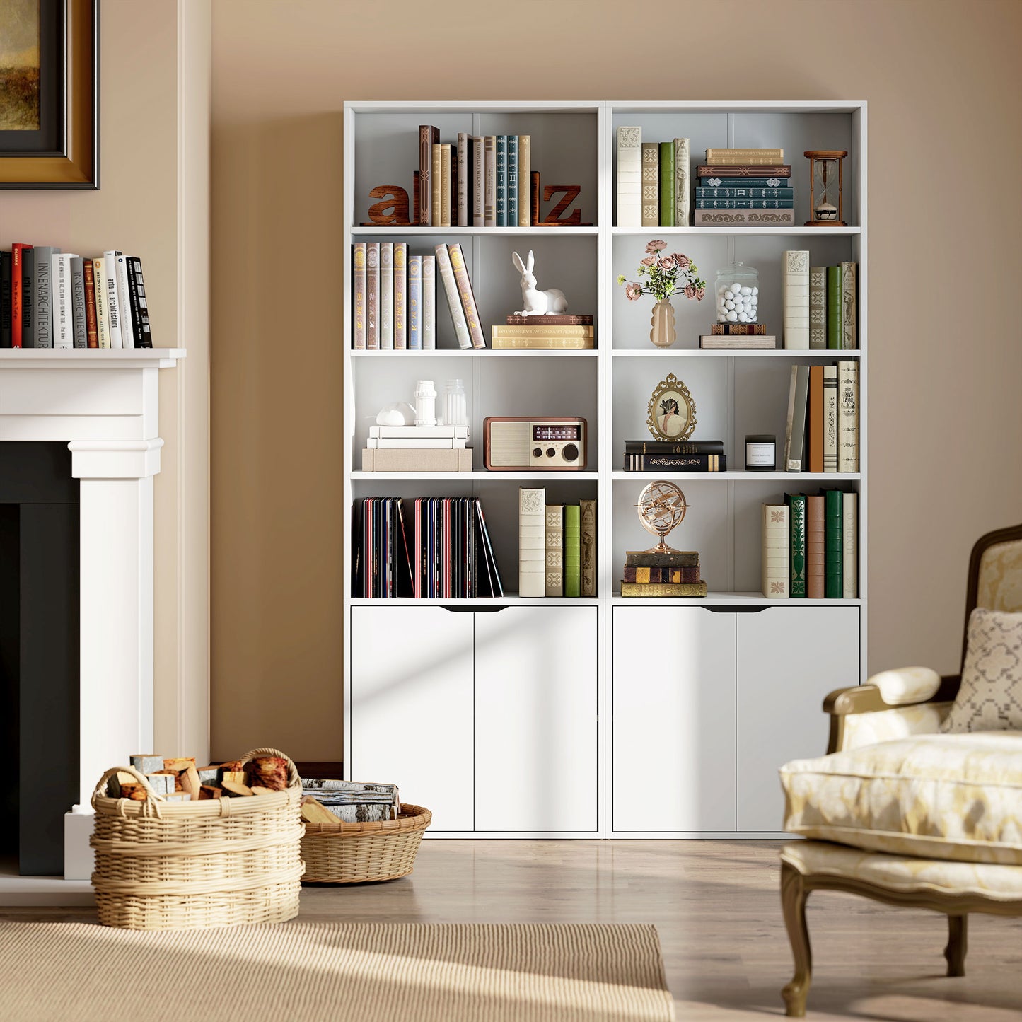 2 Door 4 Shelves Bookcase Wooden Storage Cabinet Display Unit White