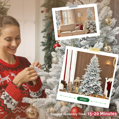 6ft Artificial Christmas Tree with Snow, Hinged Xmas Tree