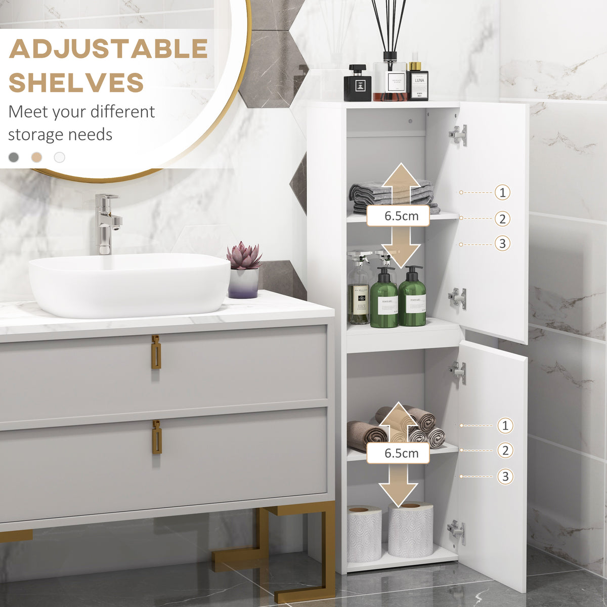 Slim Bathroom Cabinet with 2 Cupboards and Adjustable Shelves - High Gloss White