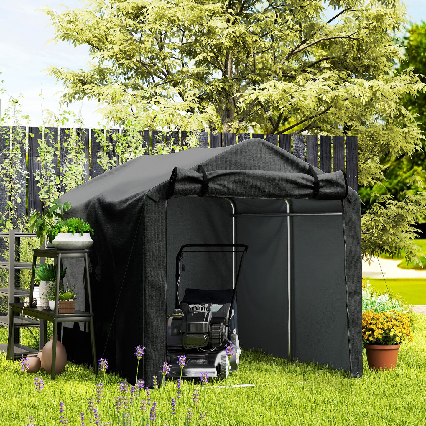 Garden Tool Storage Shed with Roll-up Zipper Door, Black