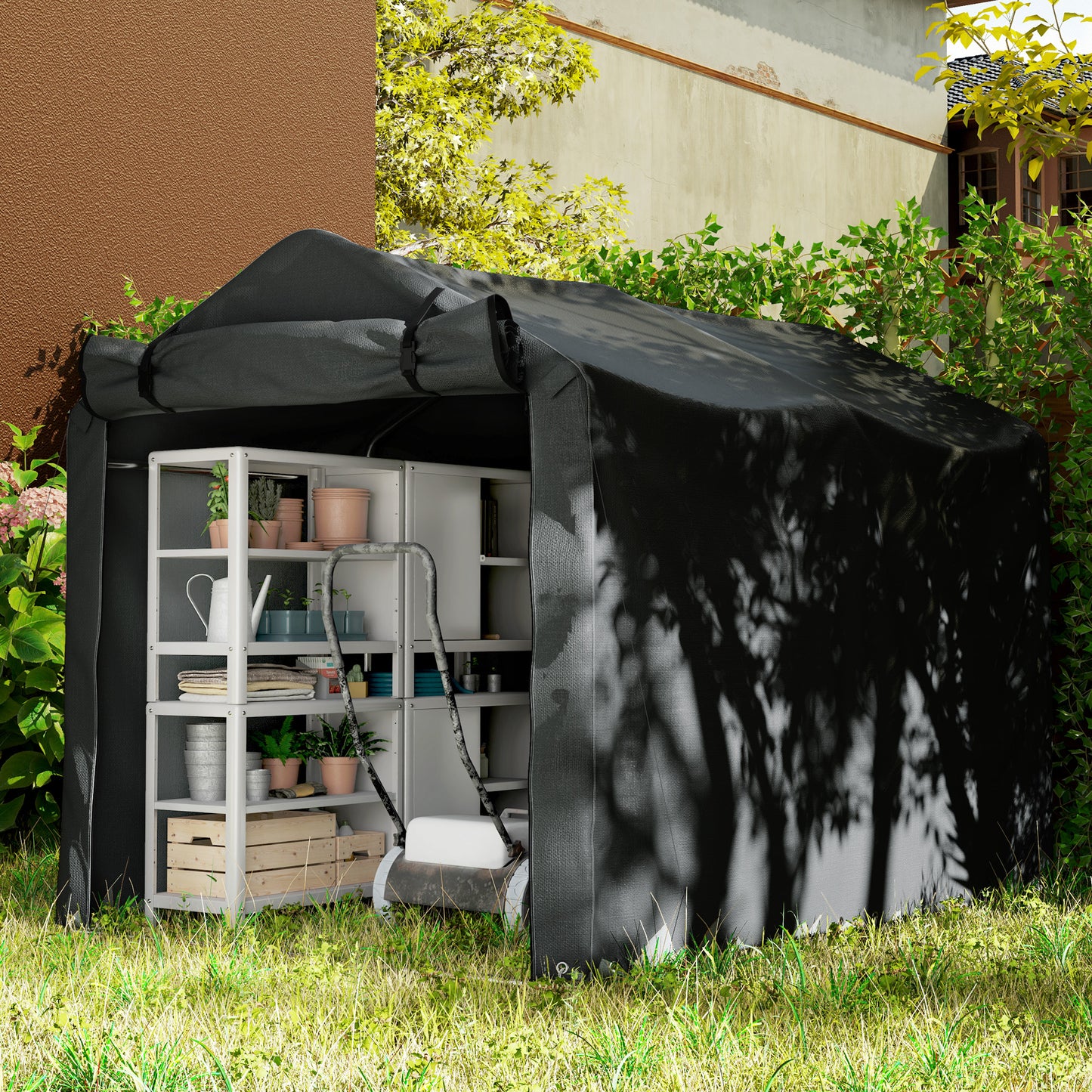Garden Tool Storage Shed with Roll-up Zipper Door, Black